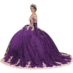 imageYoujiayi Sparkly Gold Appliques Quinceanera Dresses Puffy Tulle Sequin Ball Gown Off Shoulder Lace Beaded Sweet 16 DressesPlum