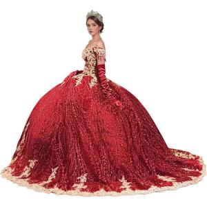 imageYoujiayi Sparkly Gold Appliques Quinceanera Dresses Puffy Tulle Sequin Ball Gown Off Shoulder Lace Beaded Sweet 16 DressesRed