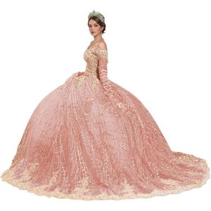 imageYoujiayi Sparkly Gold Appliques Quinceanera Dresses Puffy Tulle Sequin Ball Gown Off Shoulder Lace Beaded Sweet 16 DressesRose Gold