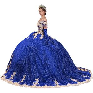 imageYoujiayi Sparkly Gold Appliques Quinceanera Dresses Puffy Tulle Sequin Ball Gown Off Shoulder Lace Beaded Sweet 16 DressesRoyal Blue
