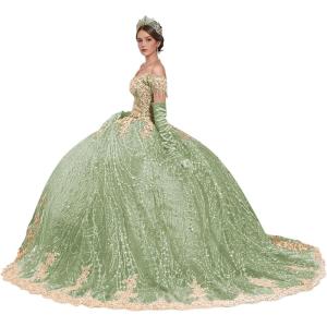 imageYoujiayi Sparkly Gold Appliques Quinceanera Dresses Puffy Tulle Sequin Ball Gown Off Shoulder Lace Beaded Sweet 16 DressesSage