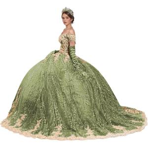 imageYoujiayi Sparkly Gold Appliques Quinceanera Dresses Puffy Tulle Sequin Ball Gown Off Shoulder Lace Beaded Sweet 16 DressesSage Green