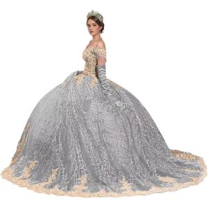 imageYoujiayi Sparkly Gold Appliques Quinceanera Dresses Puffy Tulle Sequin Ball Gown Off Shoulder Lace Beaded Sweet 16 DressesSilver