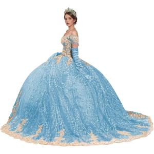 imageYoujiayi Sparkly Gold Appliques Quinceanera Dresses Puffy Tulle Sequin Ball Gown Off Shoulder Lace Beaded Sweet 16 DressesSky Blue