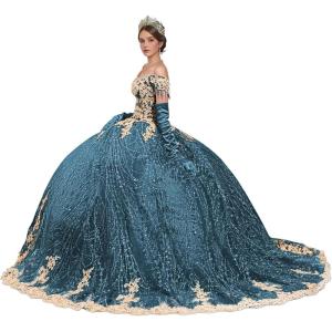 imageYoujiayi Sparkly Gold Appliques Quinceanera Dresses Puffy Tulle Sequin Ball Gown Off Shoulder Lace Beaded Sweet 16 DressesTeal
