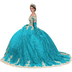 imageYoujiayi Sparkly Gold Appliques Quinceanera Dresses Puffy Tulle Sequin Ball Gown Off Shoulder Lace Beaded Sweet 16 DressesTurquoise