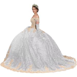 imageYoujiayi Sparkly Gold Appliques Quinceanera Dresses Puffy Tulle Sequin Ball Gown Off Shoulder Lace Beaded Sweet 16 DressesWhite