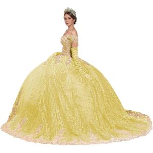 imageYoujiayi Sparkly Gold Appliques Quinceanera Dresses Puffy Tulle Sequin Ball Gown Off Shoulder Lace Beaded Sweet 16 DressesYellow