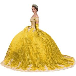 imageYoujiayi Sparkly Gold Appliques Quinceanera Dresses Puffy Tulle Sequin Ball Gown Off Shoulder Lace Beaded Sweet 16 DressesYellow Dark