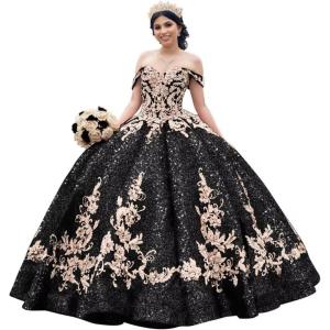 imageYoujiayi Sparkly Sequin Quinceanera Dresses Gold Appliques Ball Gowns Off Shoulder Beaded Sweet 16 Dresses for WomenBlack