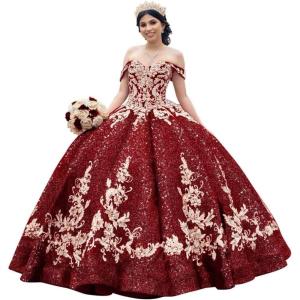 imageYoujiayi Sparkly Sequin Quinceanera Dresses Gold Appliques Ball Gowns Off Shoulder Beaded Sweet 16 Dresses for WomenBurgundy