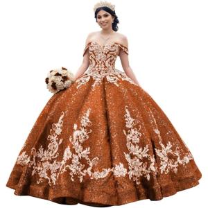 imageYoujiayi Sparkly Sequin Quinceanera Dresses Gold Appliques Ball Gowns Off Shoulder Beaded Sweet 16 Dresses for WomenBurnt Orange