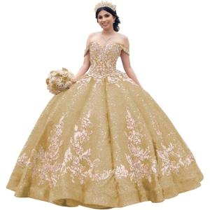 imageYoujiayi Sparkly Sequin Quinceanera Dresses Gold Appliques Ball Gowns Off Shoulder Beaded Sweet 16 Dresses for WomenChampagne
