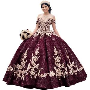 imageYoujiayi Sparkly Sequin Quinceanera Dresses Gold Appliques Ball Gowns Off Shoulder Beaded Sweet 16 Dresses for WomenDeep Burgundy