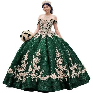 imageYoujiayi Sparkly Sequin Quinceanera Dresses Gold Appliques Ball Gowns Off Shoulder Beaded Sweet 16 Dresses for WomenDeep Green