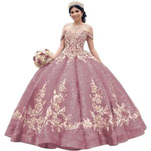 imageYoujiayi Sparkly Sequin Quinceanera Dresses Gold Appliques Ball Gowns Off Shoulder Beaded Sweet 16 Dresses for WomenDusty Pink