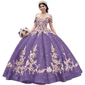 imageYoujiayi Sparkly Sequin Quinceanera Dresses Gold Appliques Ball Gowns Off Shoulder Beaded Sweet 16 Dresses for WomenDusty Purple