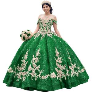 imageYoujiayi Sparkly Sequin Quinceanera Dresses Gold Appliques Ball Gowns Off Shoulder Beaded Sweet 16 Dresses for WomenEmerald Green