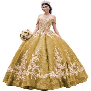 imageYoujiayi Sparkly Sequin Quinceanera Dresses Gold Appliques Ball Gowns Off Shoulder Beaded Sweet 16 Dresses for WomenGold