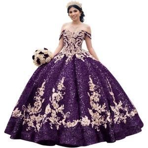 imageYoujiayi Sparkly Sequin Quinceanera Dresses Gold Appliques Ball Gowns Off Shoulder Beaded Sweet 16 Dresses for WomenGrape
