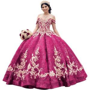 imageYoujiayi Sparkly Sequin Quinceanera Dresses Gold Appliques Ball Gowns Off Shoulder Beaded Sweet 16 Dresses for WomenHot Pink