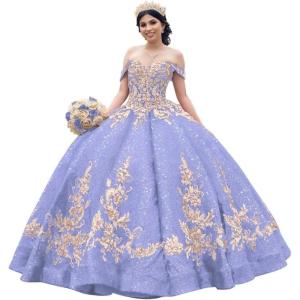 imageYoujiayi Sparkly Sequin Quinceanera Dresses Gold Appliques Ball Gowns Off Shoulder Beaded Sweet 16 Dresses for WomenLavender