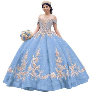 imageYoujiayi Sparkly Sequin Quinceanera Dresses Gold Appliques Ball Gowns Off Shoulder Beaded Sweet 16 Dresses for WomenLight Blue
