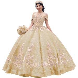 imageYoujiayi Sparkly Sequin Quinceanera Dresses Gold Appliques Ball Gowns Off Shoulder Beaded Sweet 16 Dresses for WomenLight Champagne