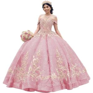 imageYoujiayi Sparkly Sequin Quinceanera Dresses Gold Appliques Ball Gowns Off Shoulder Beaded Sweet 16 Dresses for WomenLight Pink
