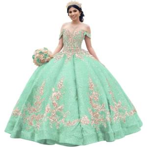 imageYoujiayi Sparkly Sequin Quinceanera Dresses Gold Appliques Ball Gowns Off Shoulder Beaded Sweet 16 Dresses for WomenMint