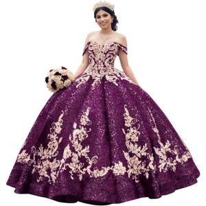 imageYoujiayi Sparkly Sequin Quinceanera Dresses Gold Appliques Ball Gowns Off Shoulder Beaded Sweet 16 Dresses for WomenMulberry