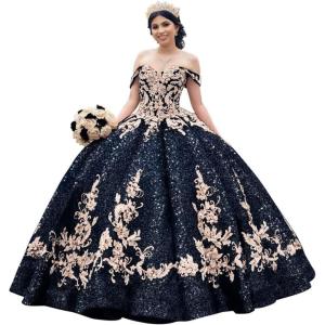 imageYoujiayi Sparkly Sequin Quinceanera Dresses Gold Appliques Ball Gowns Off Shoulder Beaded Sweet 16 Dresses for WomenNavy