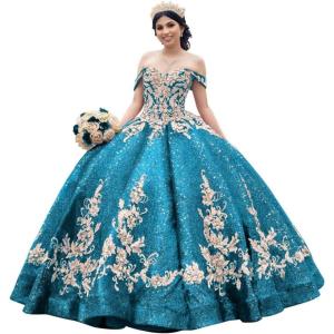 imageYoujiayi Sparkly Sequin Quinceanera Dresses Gold Appliques Ball Gowns Off Shoulder Beaded Sweet 16 Dresses for WomenOcean Blue