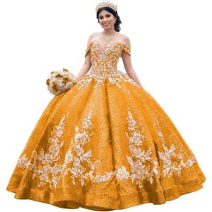 imageYoujiayi Sparkly Sequin Quinceanera Dresses Gold Appliques Ball Gowns Off Shoulder Beaded Sweet 16 Dresses for WomenOrange