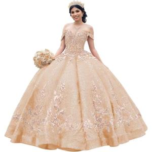 imageYoujiayi Sparkly Sequin Quinceanera Dresses Gold Appliques Ball Gowns Off Shoulder Beaded Sweet 16 Dresses for WomenPeach