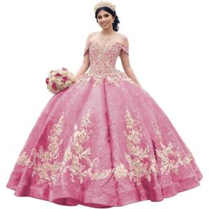 imageYoujiayi Sparkly Sequin Quinceanera Dresses Gold Appliques Ball Gowns Off Shoulder Beaded Sweet 16 Dresses for WomenPink
