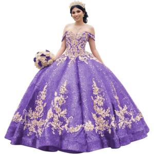 imageYoujiayi Sparkly Sequin Quinceanera Dresses Gold Appliques Ball Gowns Off Shoulder Beaded Sweet 16 Dresses for WomenPurple