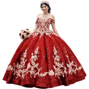 imageYoujiayi Sparkly Sequin Quinceanera Dresses Gold Appliques Ball Gowns Off Shoulder Beaded Sweet 16 Dresses for WomenRed