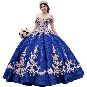 imageYoujiayi Sparkly Sequin Quinceanera Dresses Gold Appliques Ball Gowns Off Shoulder Beaded Sweet 16 Dresses for WomenRoyal Blue