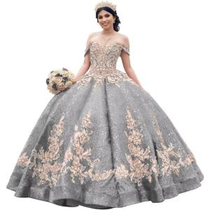 imageYoujiayi Sparkly Sequin Quinceanera Dresses Gold Appliques Ball Gowns Off Shoulder Beaded Sweet 16 Dresses for WomenSilver