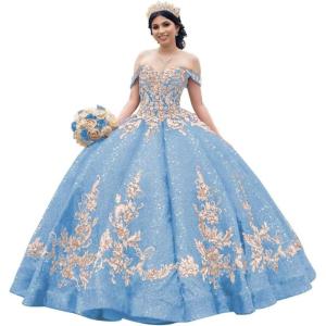 imageYoujiayi Sparkly Sequin Quinceanera Dresses Gold Appliques Ball Gowns Off Shoulder Beaded Sweet 16 Dresses for WomenSky Blue