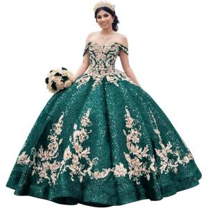 imageYoujiayi Sparkly Sequin Quinceanera Dresses Gold Appliques Ball Gowns Off Shoulder Beaded Sweet 16 Dresses for WomenTeal