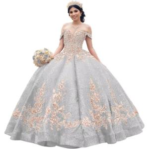 imageYoujiayi Sparkly Sequin Quinceanera Dresses Gold Appliques Ball Gowns Off Shoulder Beaded Sweet 16 Dresses for WomenWhite