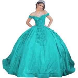 imageYoujiayi Womens 3D Floral Quinceanera Dresses Long Puffy Tulle Ball Gowns Off Shoulder Prom Dress YJY69Aqua