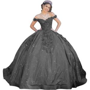 imageYoujiayi Womens 3D Floral Quinceanera Dresses Long Puffy Tulle Ball Gowns Off Shoulder Prom Dress YJY69Black