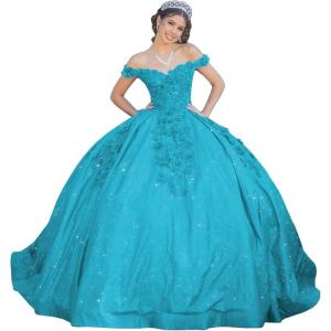 imageYoujiayi Womens 3D Floral Quinceanera Dresses Long Puffy Tulle Ball Gowns Off Shoulder Prom Dress YJY69Blue