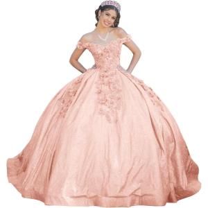 imageYoujiayi Womens 3D Floral Quinceanera Dresses Long Puffy Tulle Ball Gowns Off Shoulder Prom Dress YJY69Blush Pink