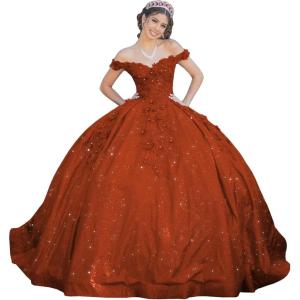 imageYoujiayi Womens 3D Floral Quinceanera Dresses Long Puffy Tulle Ball Gowns Off Shoulder Prom Dress YJY69Burnt Orange
