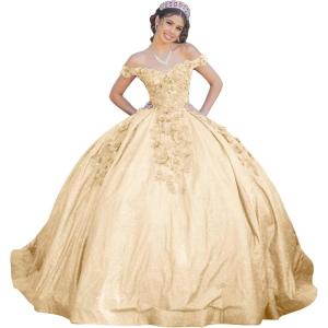 imageYoujiayi Womens 3D Floral Quinceanera Dresses Long Puffy Tulle Ball Gowns Off Shoulder Prom Dress YJY69Champagne