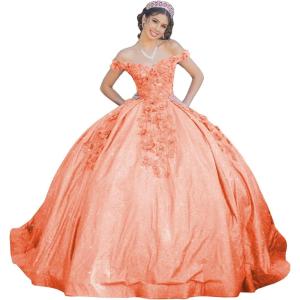 imageYoujiayi Womens 3D Floral Quinceanera Dresses Long Puffy Tulle Ball Gowns Off Shoulder Prom Dress YJY69Coral